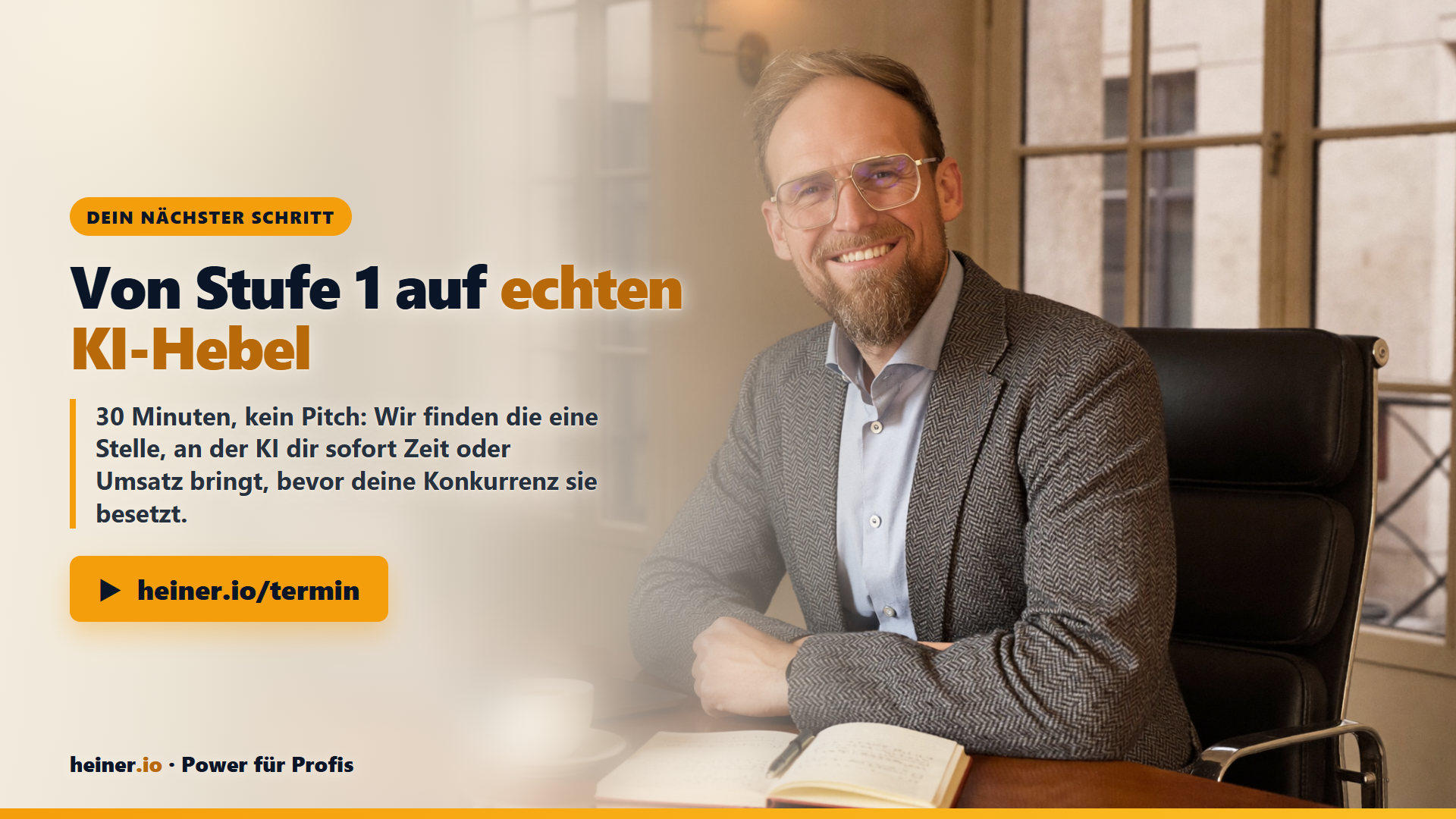 CTA-Slide KI Fokus: Der 5-Tage-Test ab Montag mit Prompt-Vorlage, in 30 Minuten den Einstieg finden, heiner.io/termin.