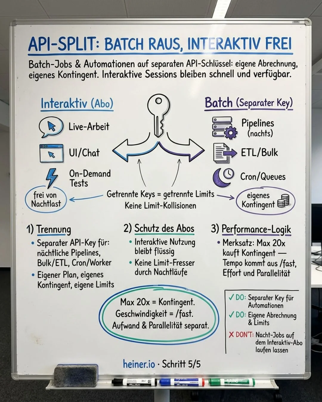 Whiteboard Schritt 5 von 5: API-Split — Batch-Jobs auf separaten API-Schlüssel, interaktives Abo bleibt frei, mit DO- und DONT-Liste