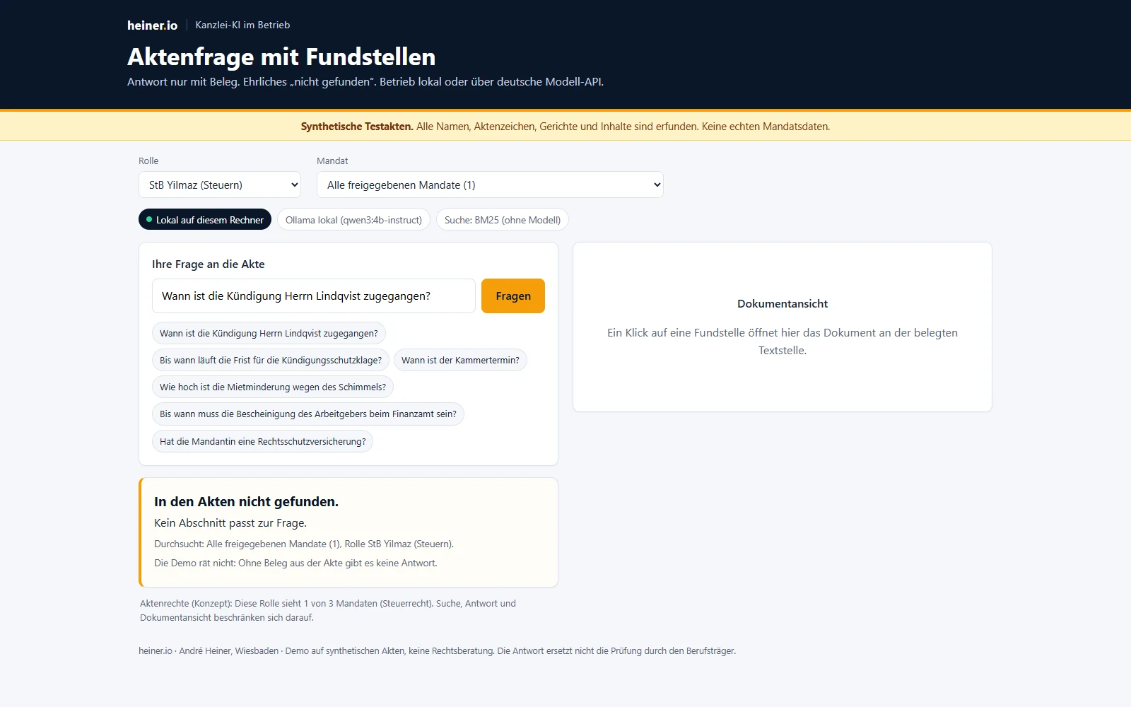 Kanzlei-KI lokal mit Rolle StB Yilmaz: Die Arbeitsrechtsfrage endet mit „nicht gefunden“, weil das Mandat für diese Rolle nicht freigegeben ist, Aktenrechte 1 von 3 Mandaten