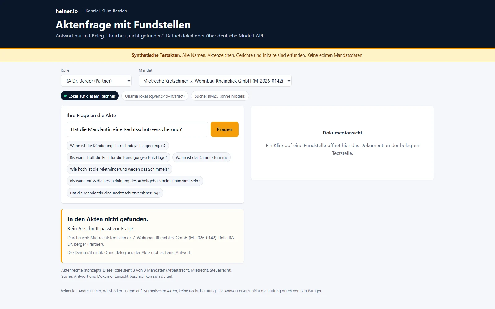 Kanzlei-KI lokal: Antwort „In den Akten nicht gefunden“ auf die Frage nach einer Rechtsschutzversicherung, die Demo rät nicht, das Sprachmodell wird nicht gefragt