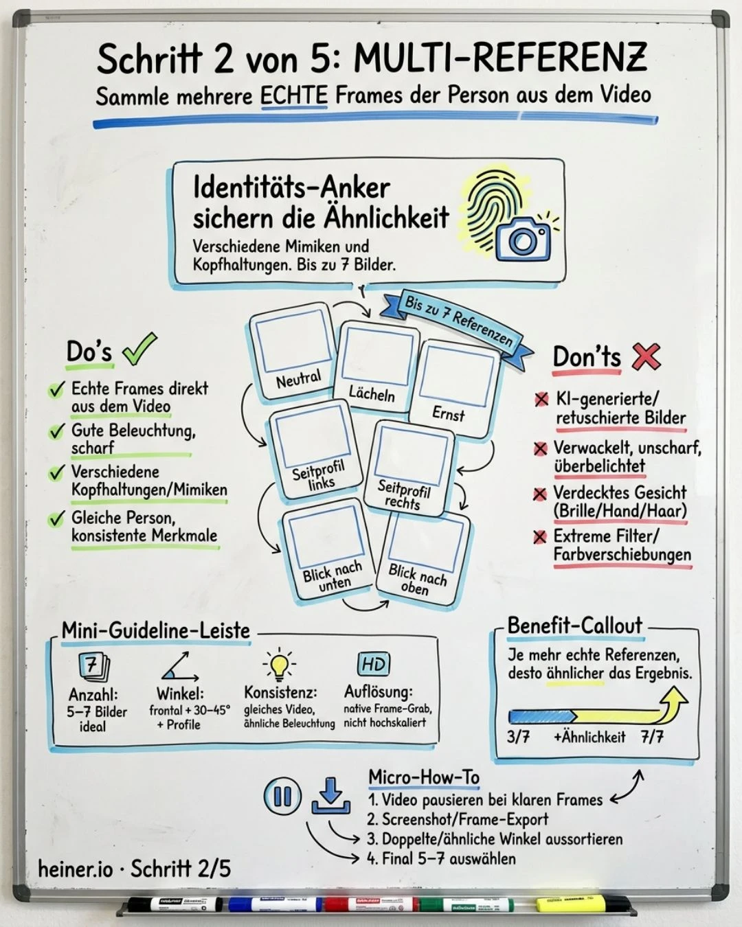 Whiteboard Schritt 2 von 5: Multi-Referenz — mehrere echte Frames der Person als Identitäts-Anker sammeln, je mehr Referenzbilder desto ähnlicher der KI-Avatar