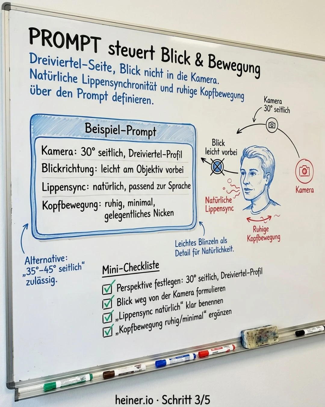 Whiteboard Schritt 3 von 5: Prompt — steuert Kameraperspektive (Dreiviertel-Seite) und natürliche Sprechbewegung des KI-Avatars