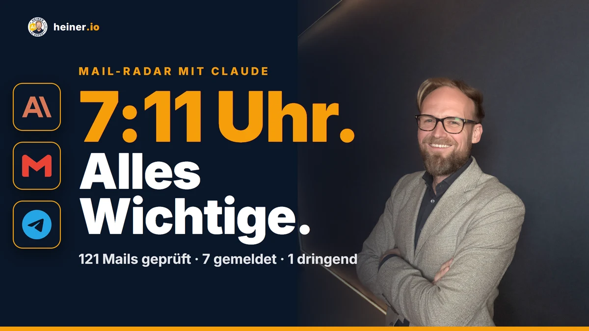 KI-Posteingang für Kanzleien — André Heiner zeigt den selbst gebauten Mail-Radar: Claude prüft täglich 121 Mails, meldet die 7 relevanten per SMS, Telegram und E-Mail-Report