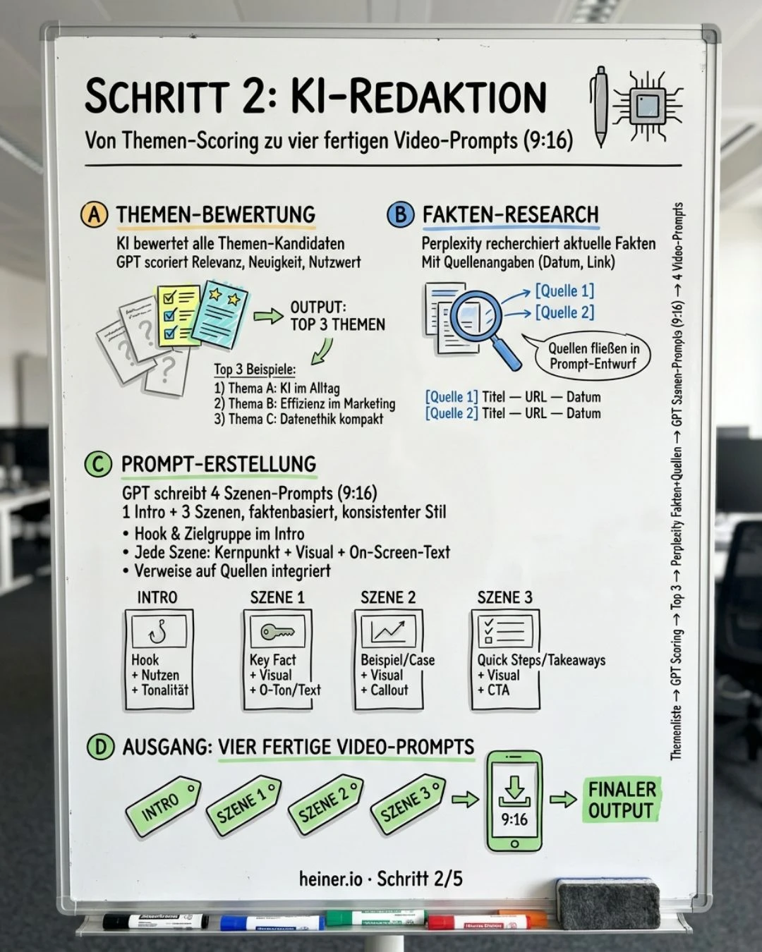 Whiteboard Schritt 2 von 5 der n8n-Video-Automatisierung: KI-Redaktion — GPT bewertet Themen und waehlt Top 3, Perplexity recherchiert Fakten, vier Szenen-Prompts entstehen
