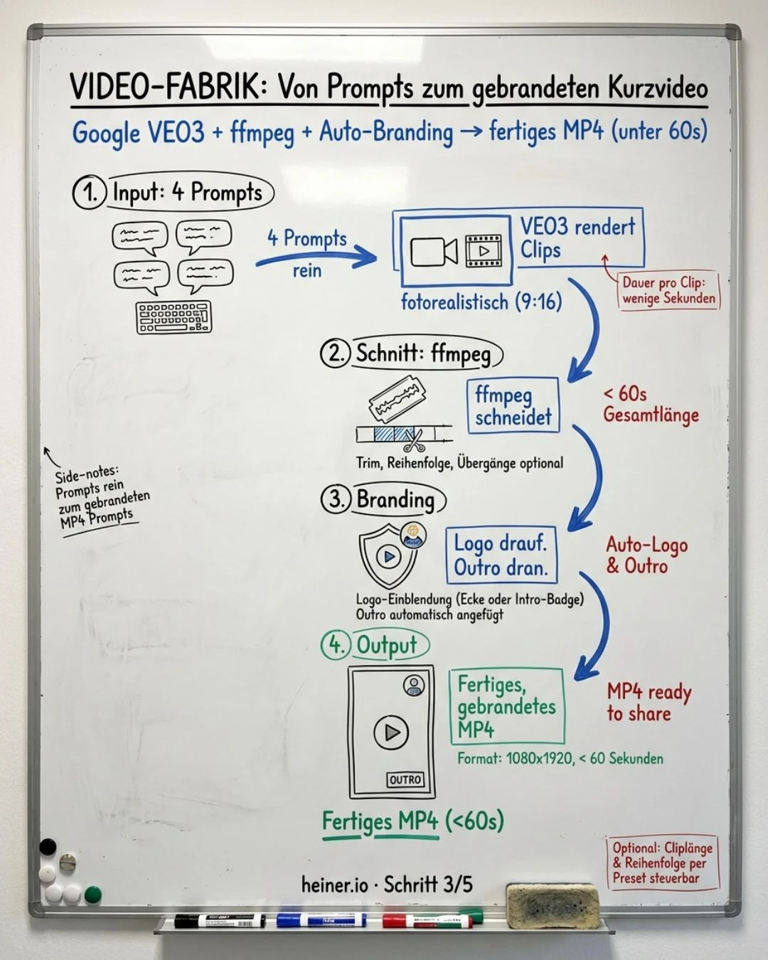Whiteboard Schritt 3 von 5 der n8n-Video-Automatisierung: Video-Fabrik — Google VEO3 generiert Clips, ffmpeg schneidet, Logo-Branding und Outro automatisch