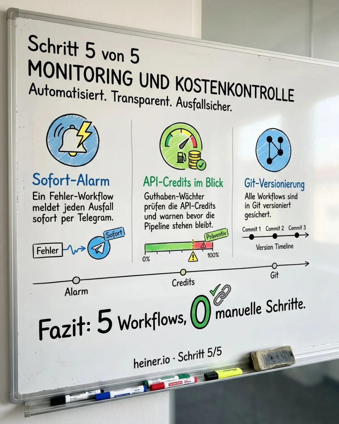 Whiteboard Schritt 5 von 5 der n8n-Video-Automatisierung: Monitoring und Kostenkontrolle — Fehler-Alarm per Telegram, Guthaben-Waechter fuer API-Credits, Git-Versionierung aller Workflows
