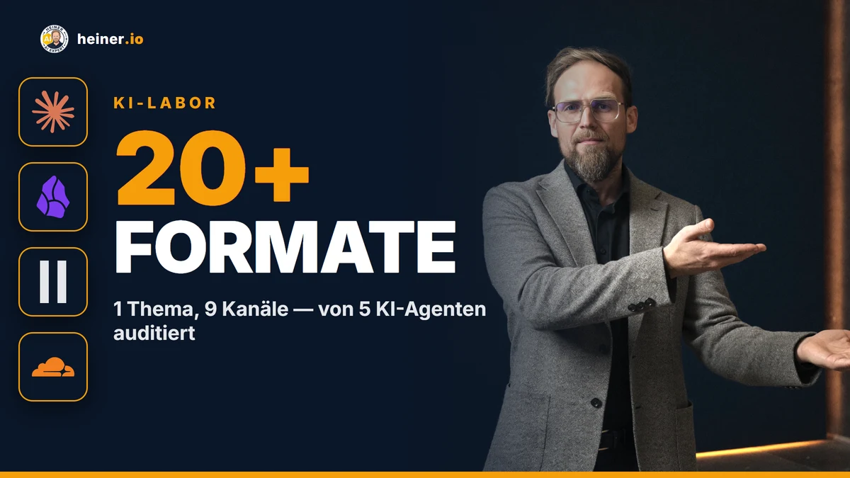 Publishing-System mit KI-Audit — André Heiner zeigt das Board: 1 Thema wird zu über 20 Formaten auf 9 Kanälen, von 5 KI-Agenten mit 178 Tool-Aufrufen verifiziert