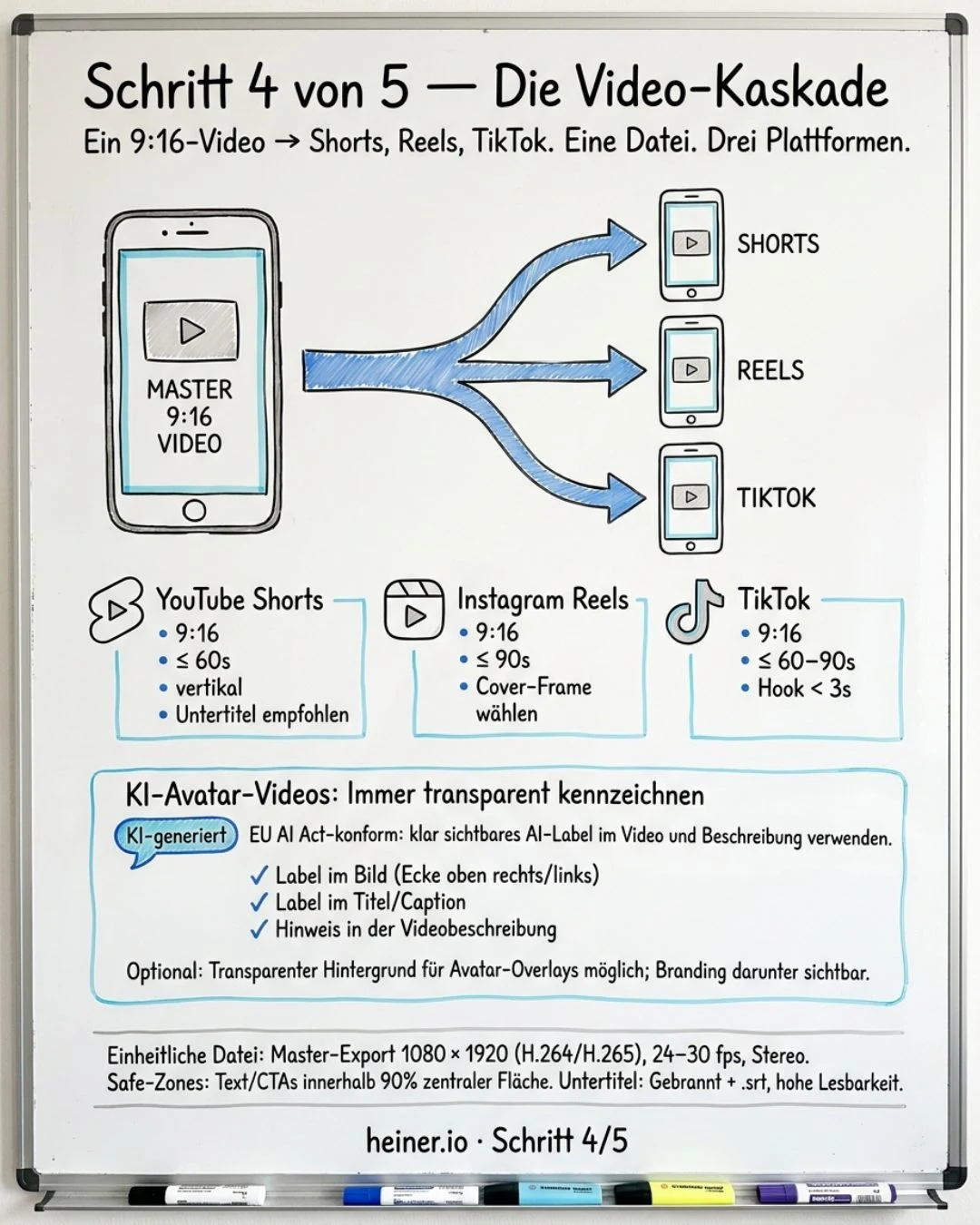 Whiteboard Schritt 4 von 5 des Publishing-Systems: die Video-Kaskade — ein 9:16-Video wird zu YouTube Shorts, Instagram Reels und TikTok aus derselben Datei, KI-Avatare mit AI-Label nach EU AI Act