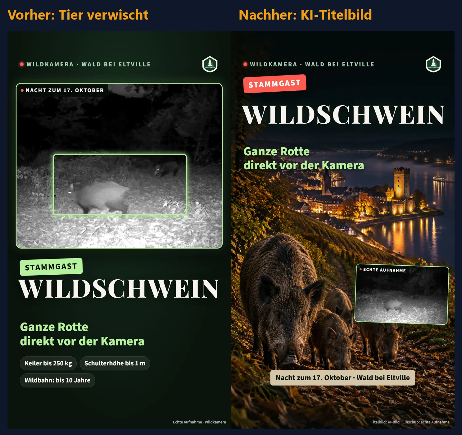 Titelbild-Vergleich Wildschwein-Reel: links das verworfene Cover mit bewegungsunscharfem Tier, rechts das gekennzeichnete KI-Titelbild mit Rotte im Weinberg über dem Rhein
