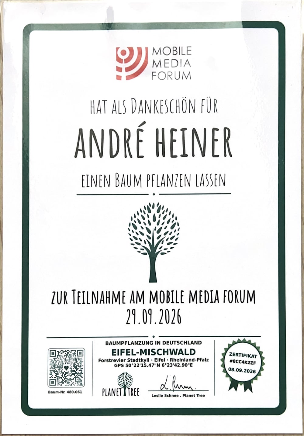 Baumzertifikat von Planet Tree: Das Mobile Media Forum hat als Dankeschön für André Heiner einen Baum pflanzen lassen, Eifel-Mischwald, 29.09.2026