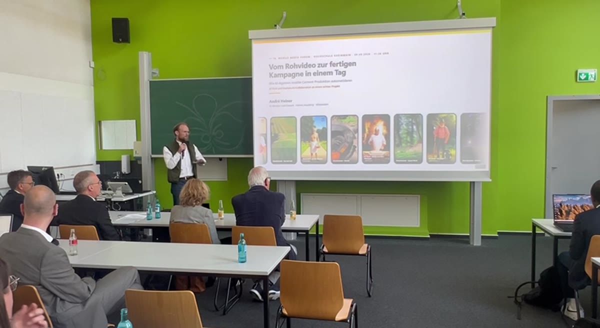 André Heiner spricht beim 19. Mobile Media Forum an der Hochschule RheinMain in Wiesbaden über KI-Agenten, die mobile Content-Produktion automatisieren