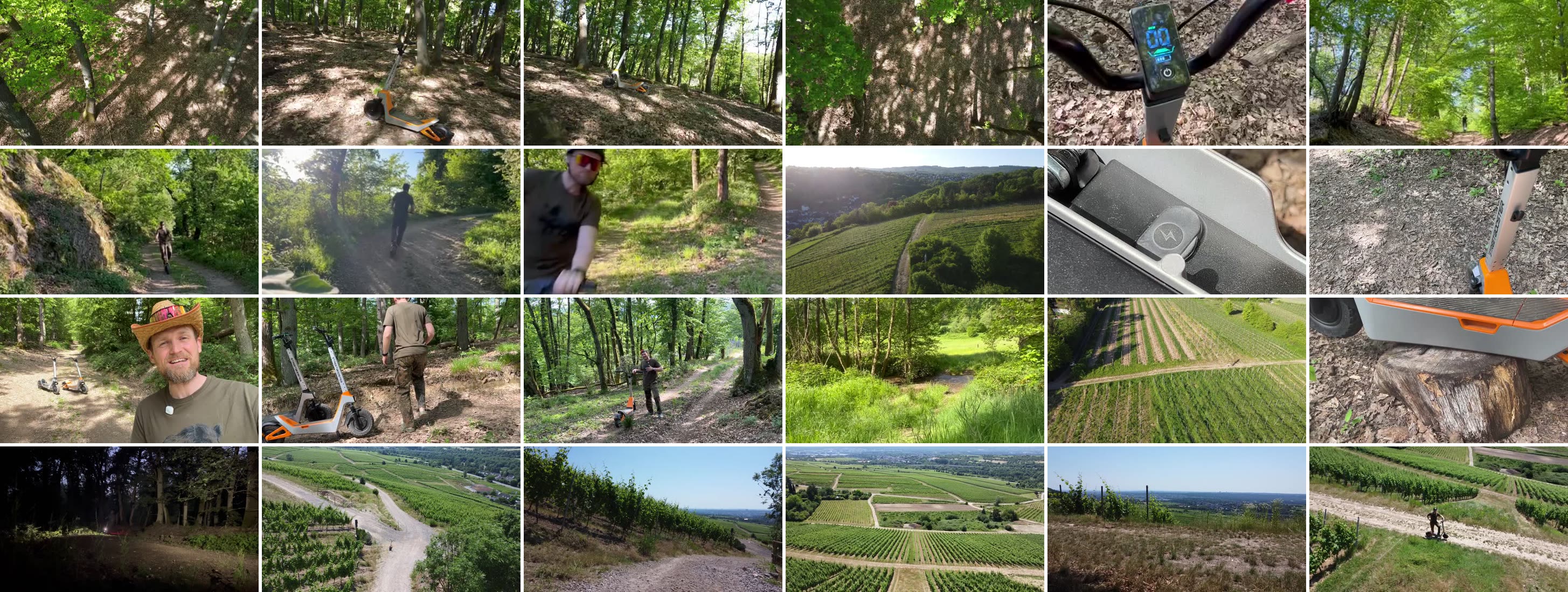 Kontaktbogen mit 24 Standbildern aus dem Rohmaterial: Waldwege, Weinberge im Rheingau, Drohnenaufnahmen, Detailaufnahmen des Rollers